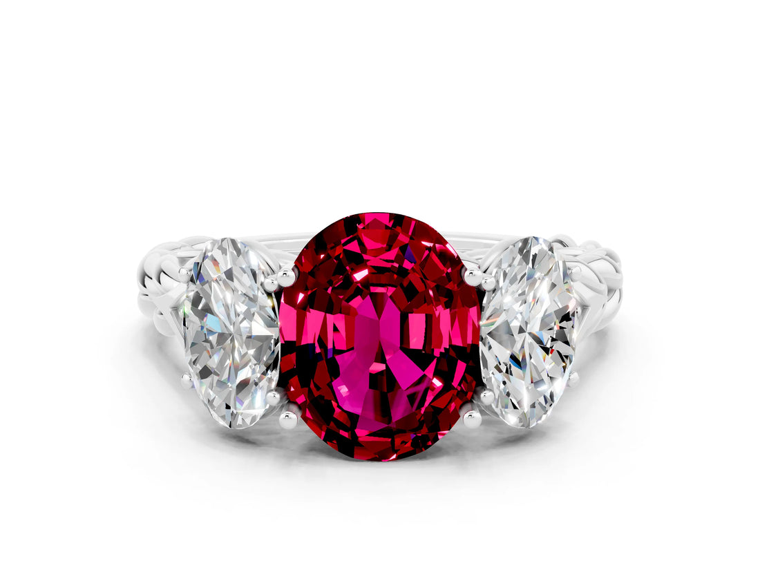 White gold Three-Stone Oval Cut Garnet Braided Band Ring with Four-Prong Setting_12