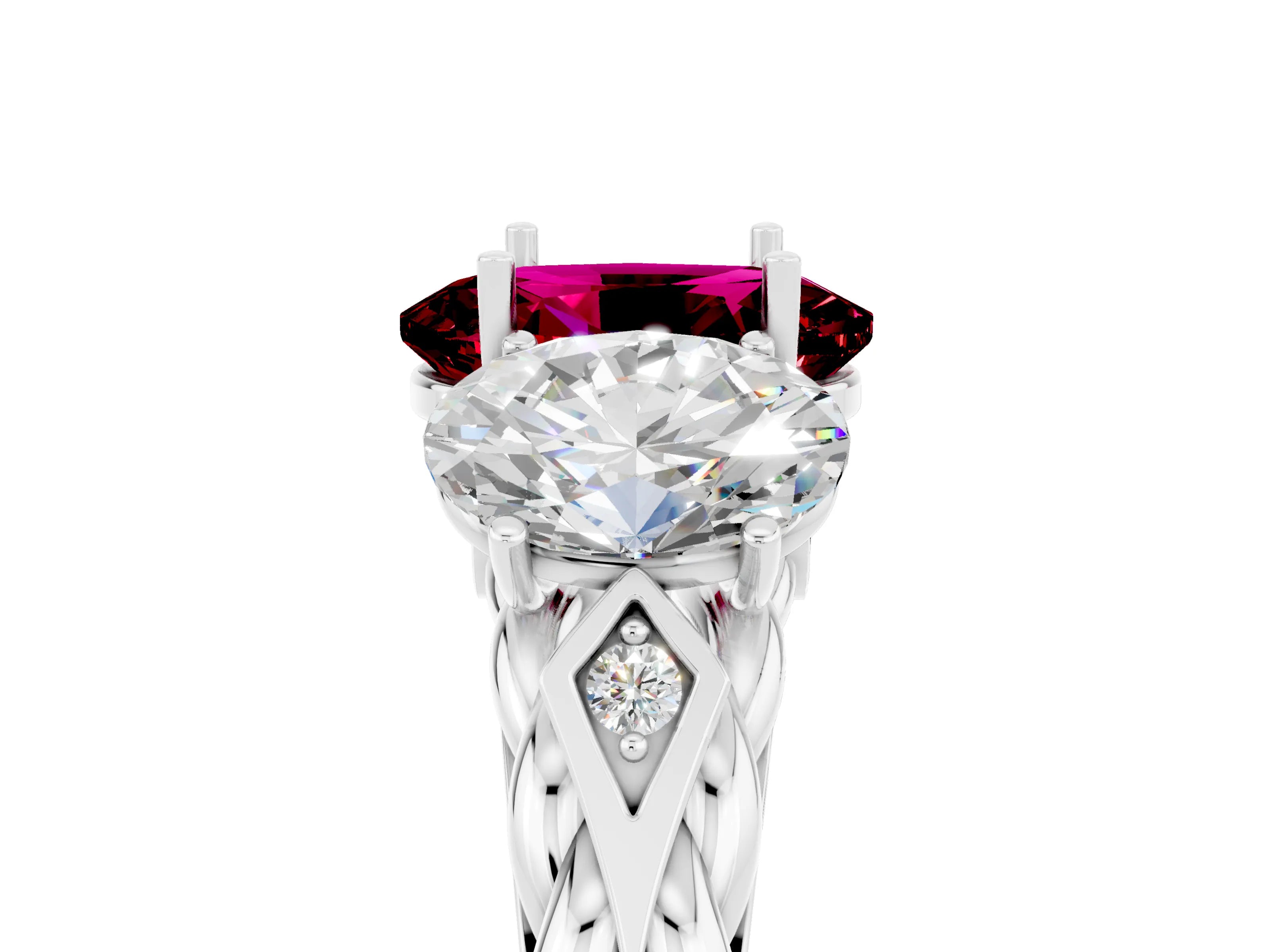 White gold Three-Stone Oval Cut Garnet Braided Band Ring with Four-Prong Setting_17