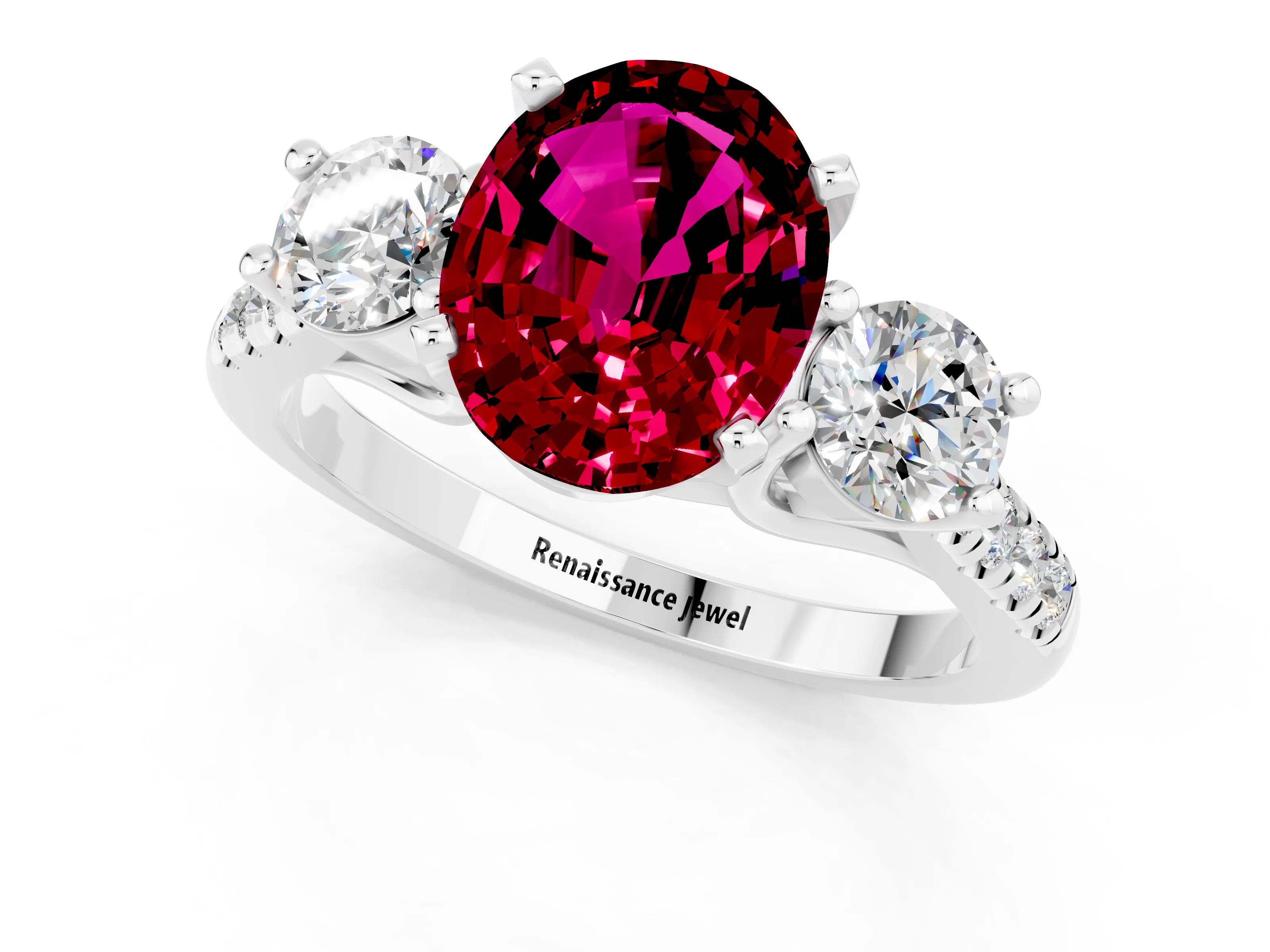 White gold Three-Stone Oval Cut Garnet Pavé Band with Four-Prong Setting_1