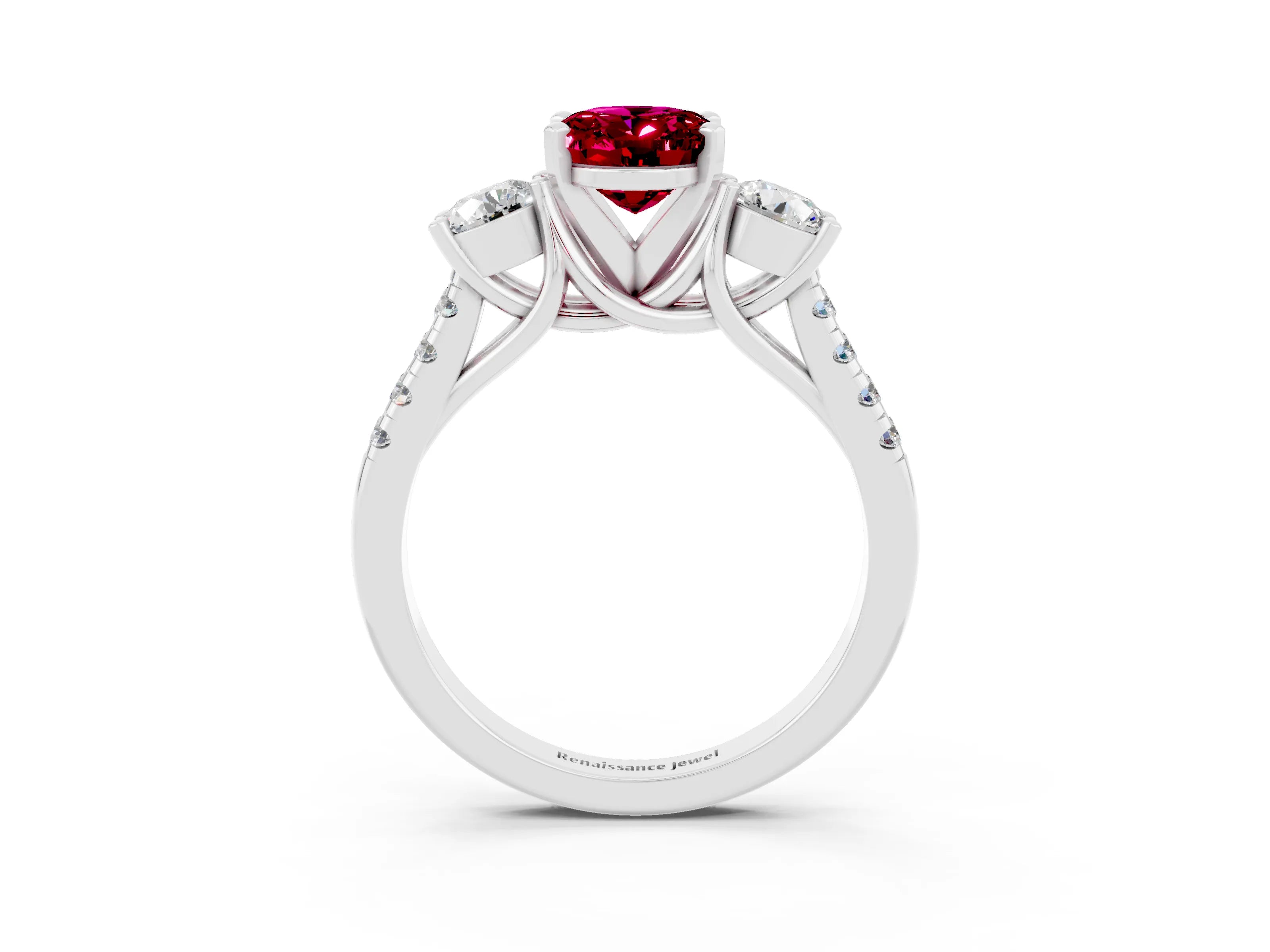 White gold Three-Stone Oval Cut Garnet Pavé Band with Four-Prong Setting_3