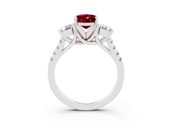 White gold Three-Stone Oval Cut Garnet Pavé Band with Four-Prong Setting