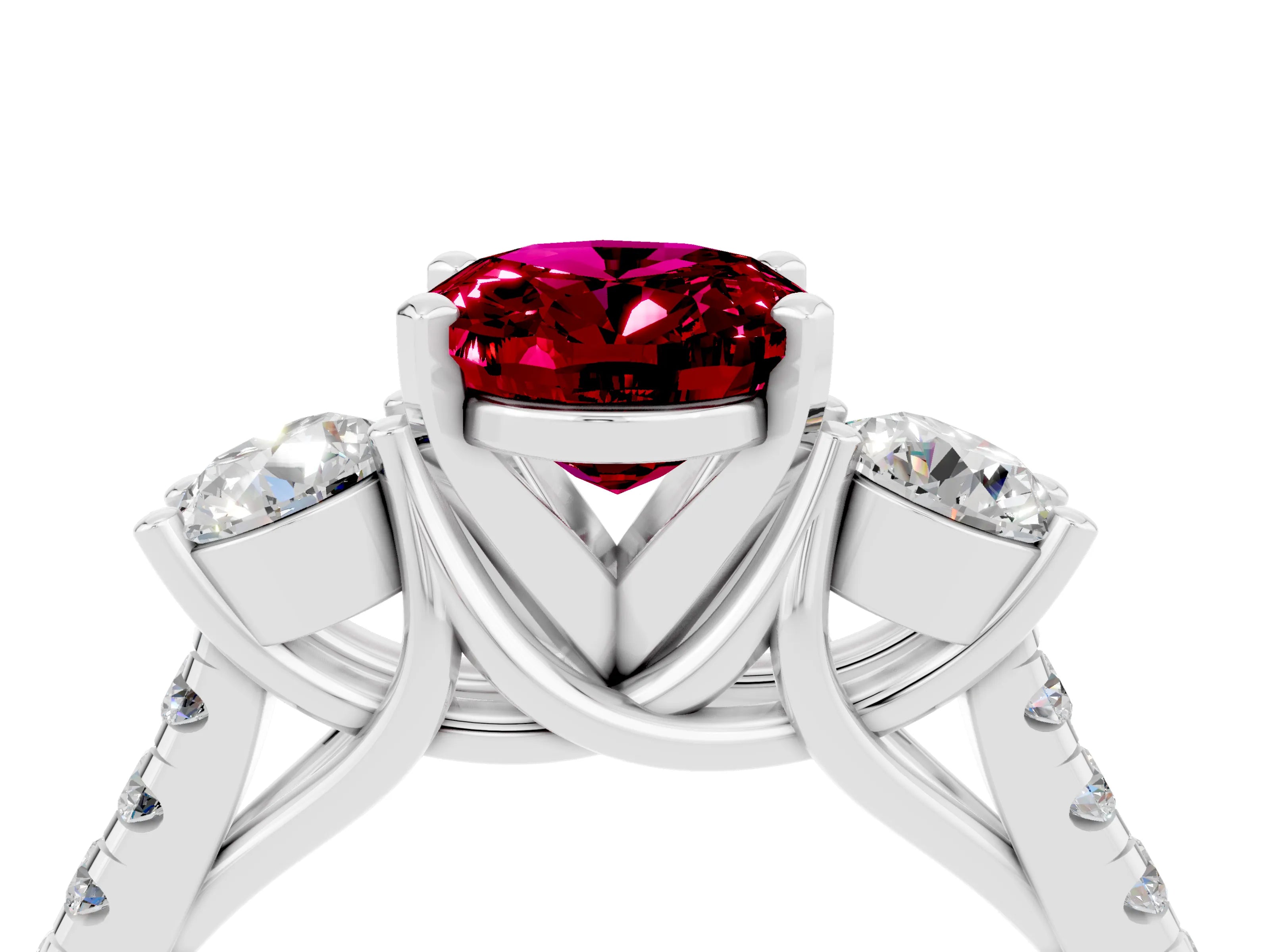 White gold Three-Stone Oval Cut Garnet Pavé Band with Four-Prong Setting_4