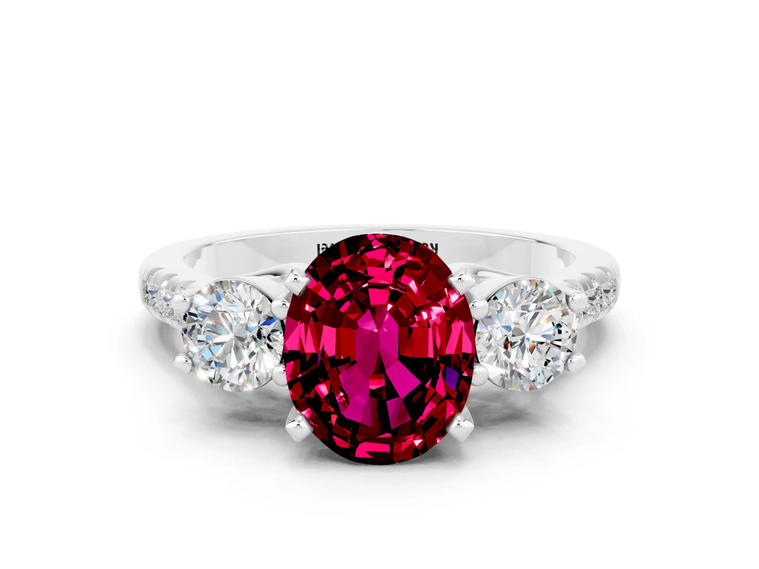 White gold Three-Stone Oval Cut Garnet Pavé Band with Four-Prong Setting