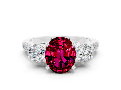 White gold Three-Stone Oval Cut Garnet Pavé Band with Four-Prong Setting