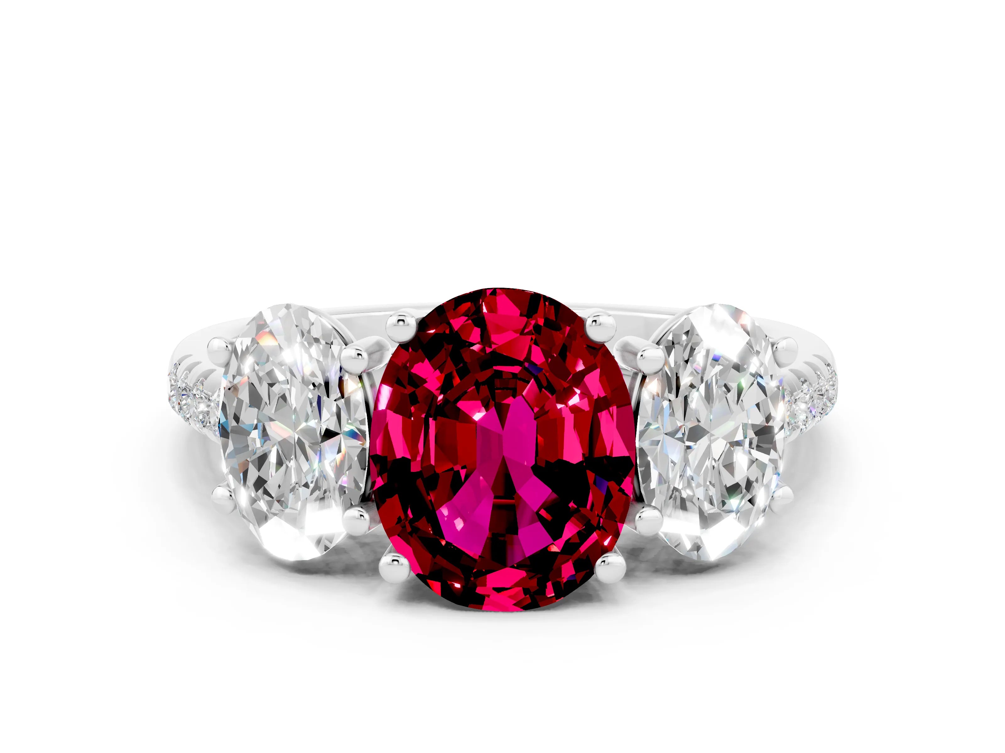White gold Three-Stone Oval Cut Garnet Ring with Pavé Band and Prong Setting_12