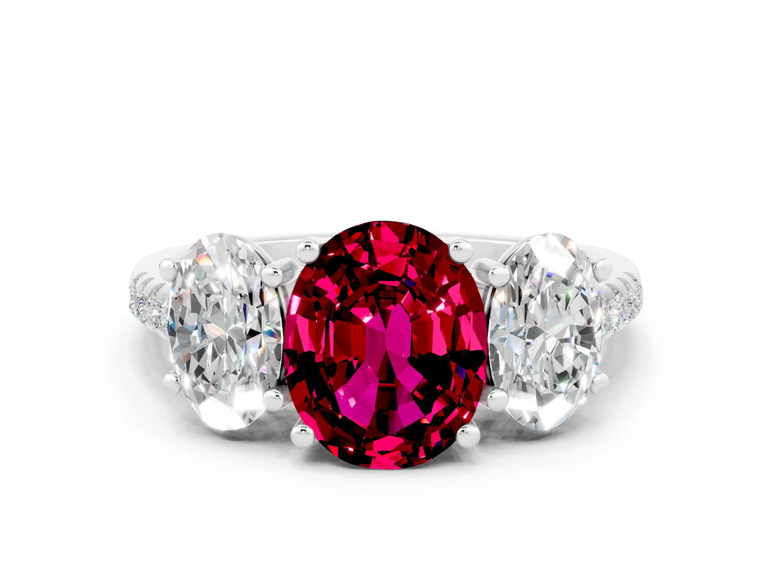 White gold Three-Stone Oval Cut Garnet Ring with Pavé Band and Prong Setting_12
