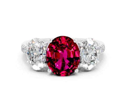 White gold Three-Stone Oval Cut Garnet Ring with Pavé Band and Prong Setting_12