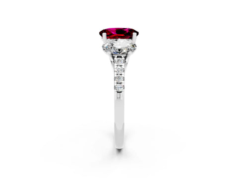 White gold Three-Stone Oval Cut Garnet Ring with Pavé Band and Prong Setting_14