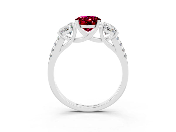 White gold Three-Stone Oval Cut Garnet Ring with Round  Pavé Band and Prong Setting