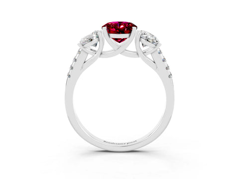 White gold Three-Stone Oval Cut Garnet Ring with Pavé Band and Prong Setting_15