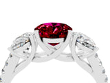 White gold Three-Stone Oval Cut Garnet Ring with Pavé Band and Prong Setting_16