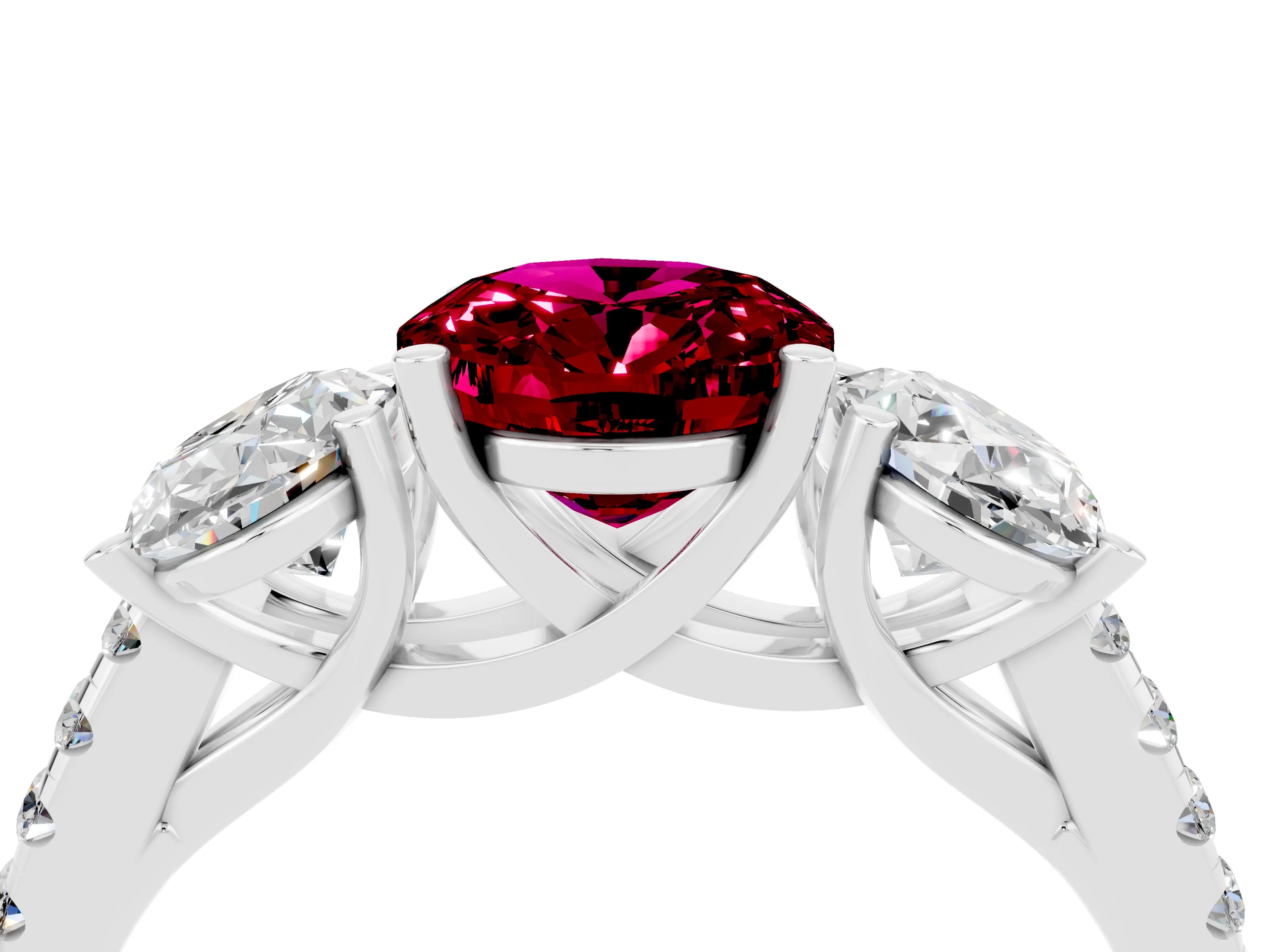 White gold Three-Stone Oval Cut Garnet Ring with Pavé Band and Prong Setting_16