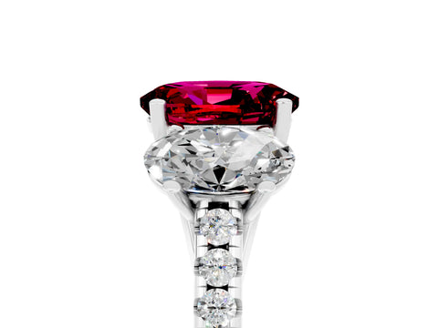 White gold Three-Stone Oval Cut Garnet Ring with Pavé Band and Prong Setting_17