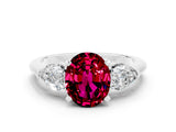 White gold Three-Stone Oval Cut Garnet Ring with Pear Side Stones and Four-Prong Setting