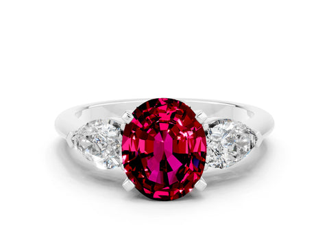 White gold Three-Stone Oval Cut Garnet Ring with Pear Side Stones and Four-Prong Setting