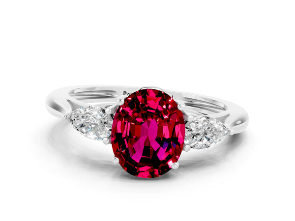 Platinum Three-Stone Oval Cut Garnet Ring with Pear  Side Stones in Four-Prong Setting