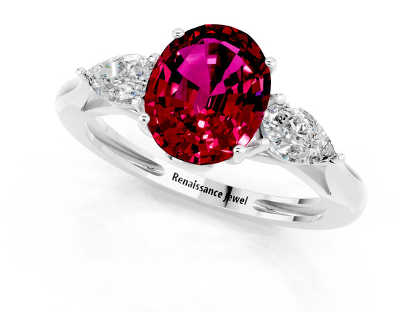Platinum Three-Stone Oval Cut Garnet Ring with Pear  Side Stones in Four-Prong Setting