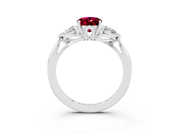 Silver Three-Stone Oval Cut Garnet Ring with Pear  Side Stones in Four-Prong Setting