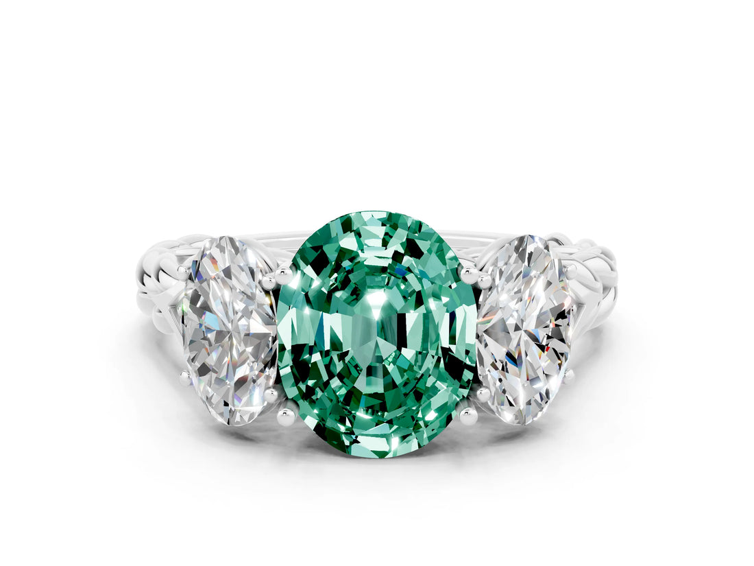 White gold Three-Stone Oval Cut Green Sapphire Braided Band Ring with Four-Prong Setting_44