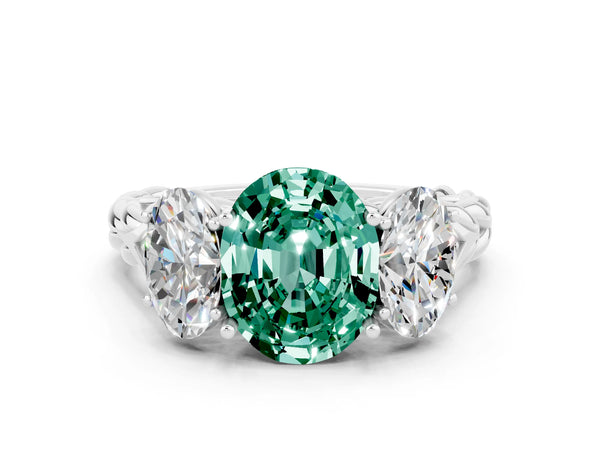 White gold Three-Stone Oval Cut Green Sapphire Braided Band Ring with Four-Prong Setting