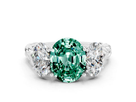 White gold Three-Stone Oval Cut Green Sapphire Braided Band Ring with Four-Prong Setting_44