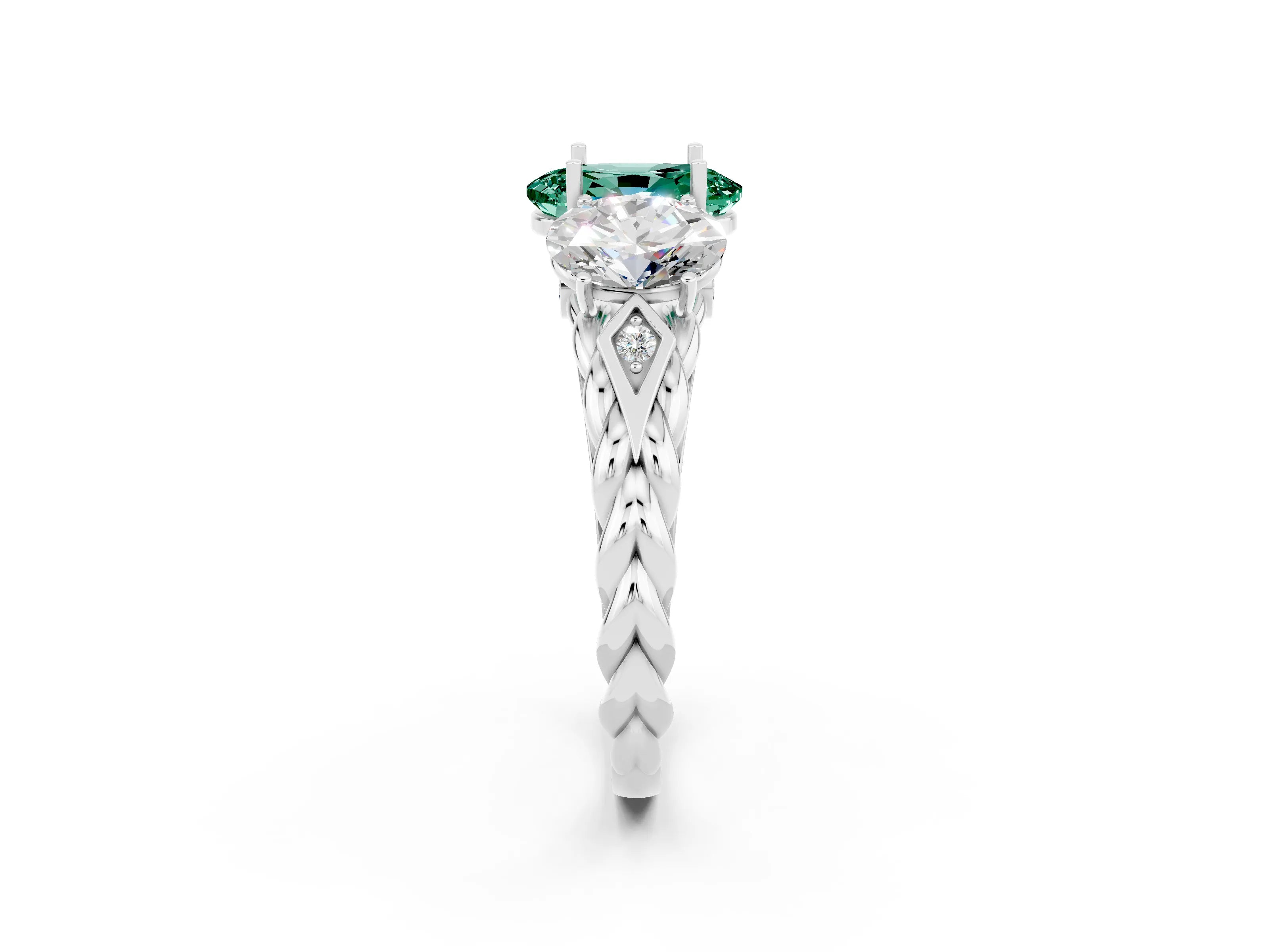 White gold Three-Stone Oval Cut Green Sapphire Braided Band Ring with Four-Prong Setting_46