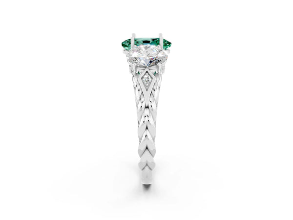 White gold Three-Stone Oval Cut Green Sapphire Braided Band Ring with Four-Prong Setting