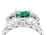 White gold Three-Stone Oval Cut Green Sapphire Braided Band Ring with Four-Prong Setting_48