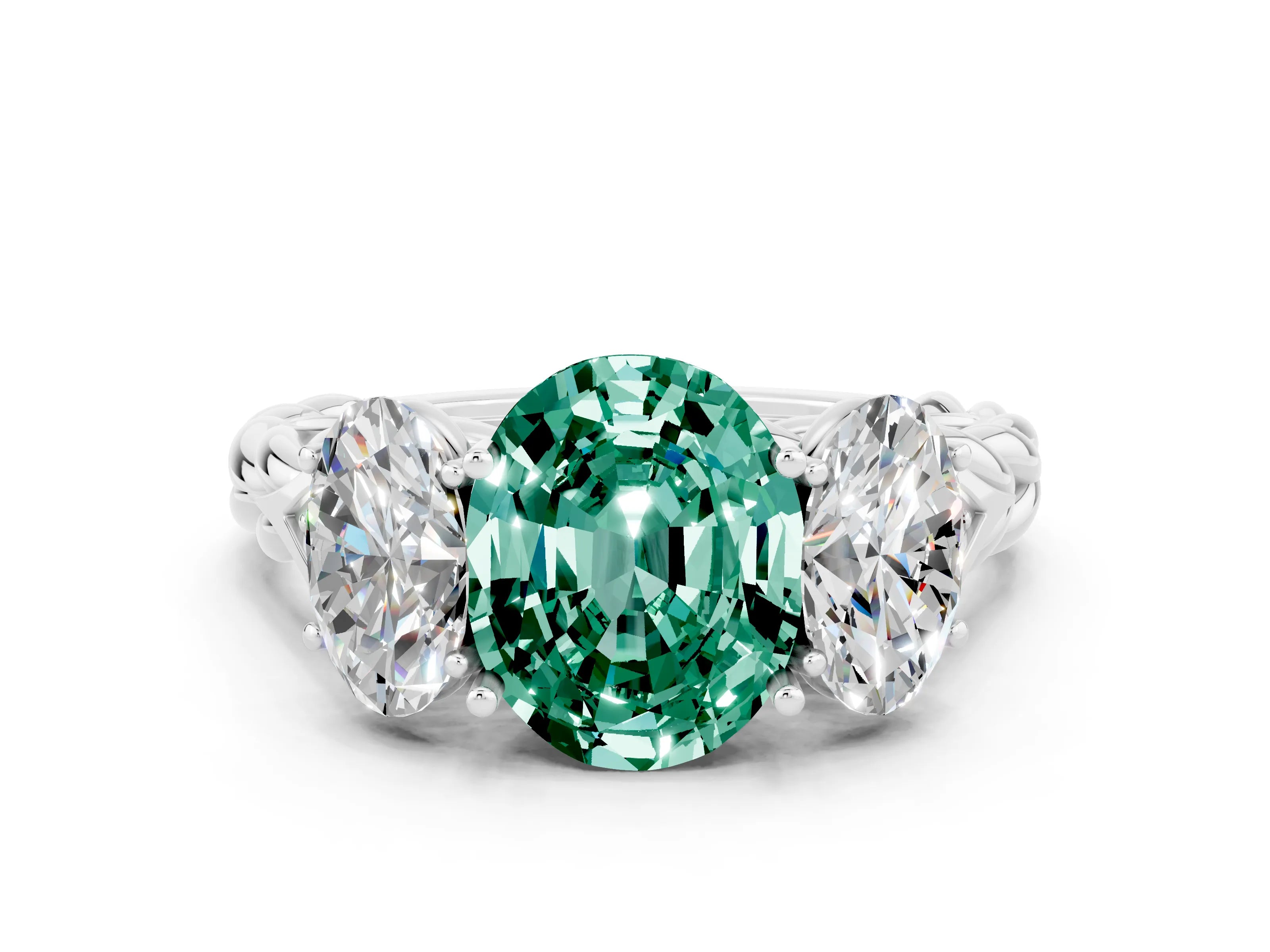 White gold Three-Stone Oval Cut Green Sapphire Braided Band Ring with Four-Prong Setting_48