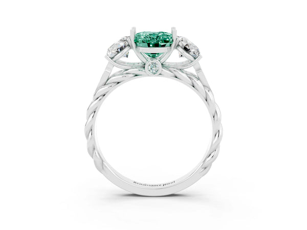 Platinum Three-Stone Oval Cut Green Sapphire Braided Band Ring with Four-Prong Setting