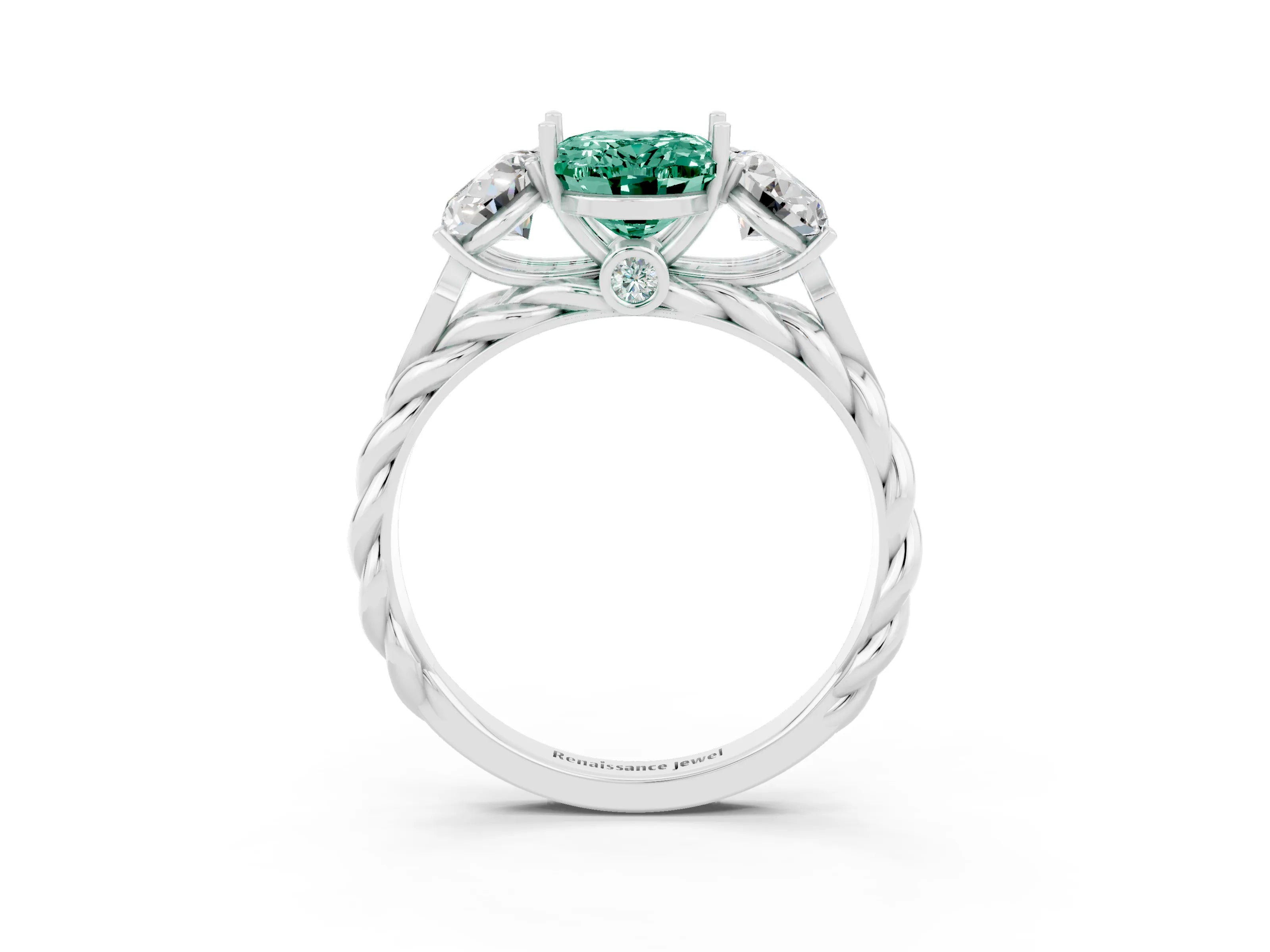 White gold Three-Stone Oval Cut Green Sapphire Braided Band Ring with Four-Prong Setting_51
