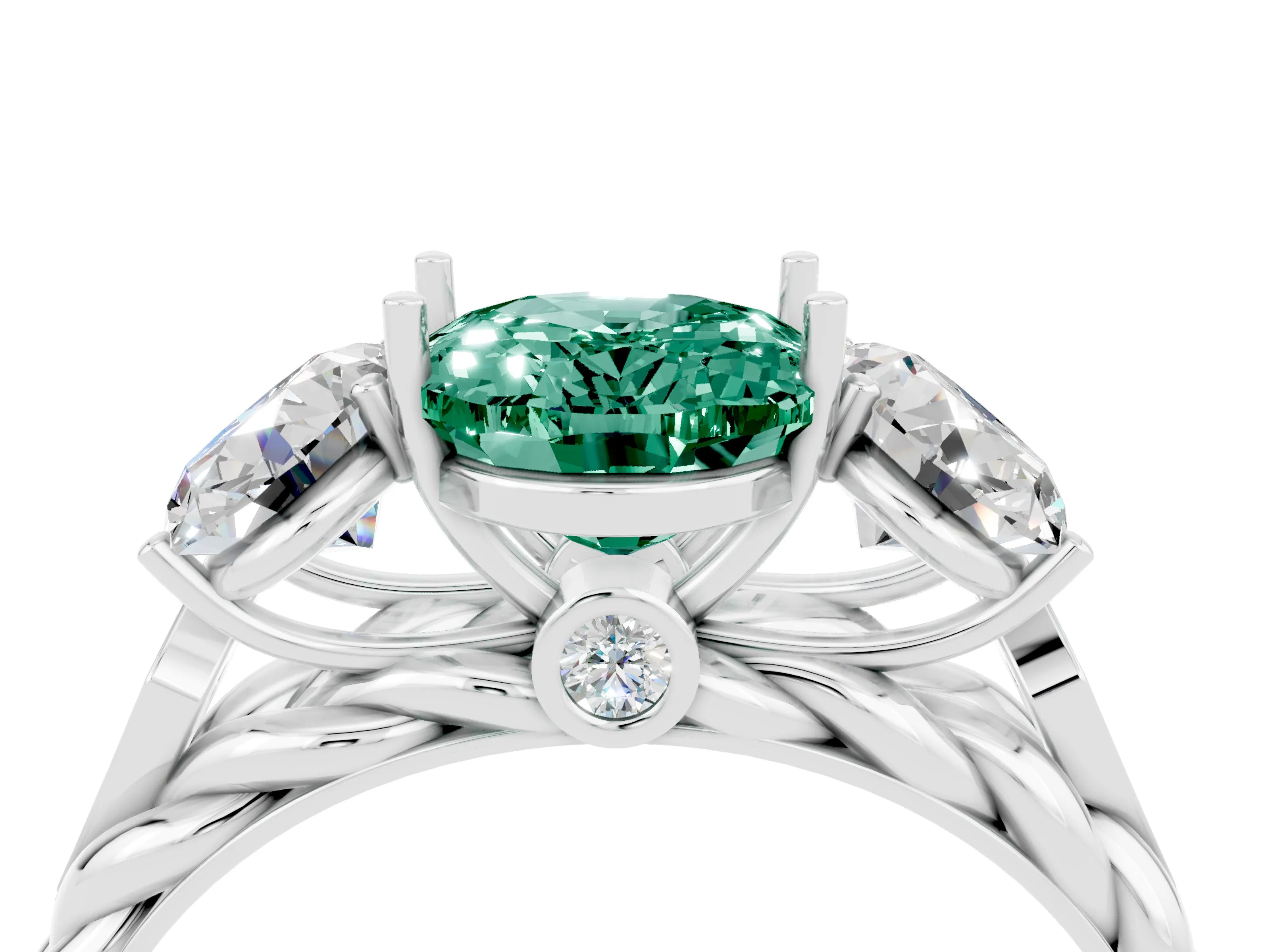 White gold Three-Stone Oval Cut Green Sapphire Braided Band Ring with Four-Prong Setting_52