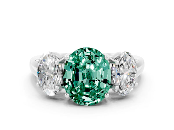 Platinum Three-Stone Oval Cut Green Sapphire Engagement Ring with Prong Setting