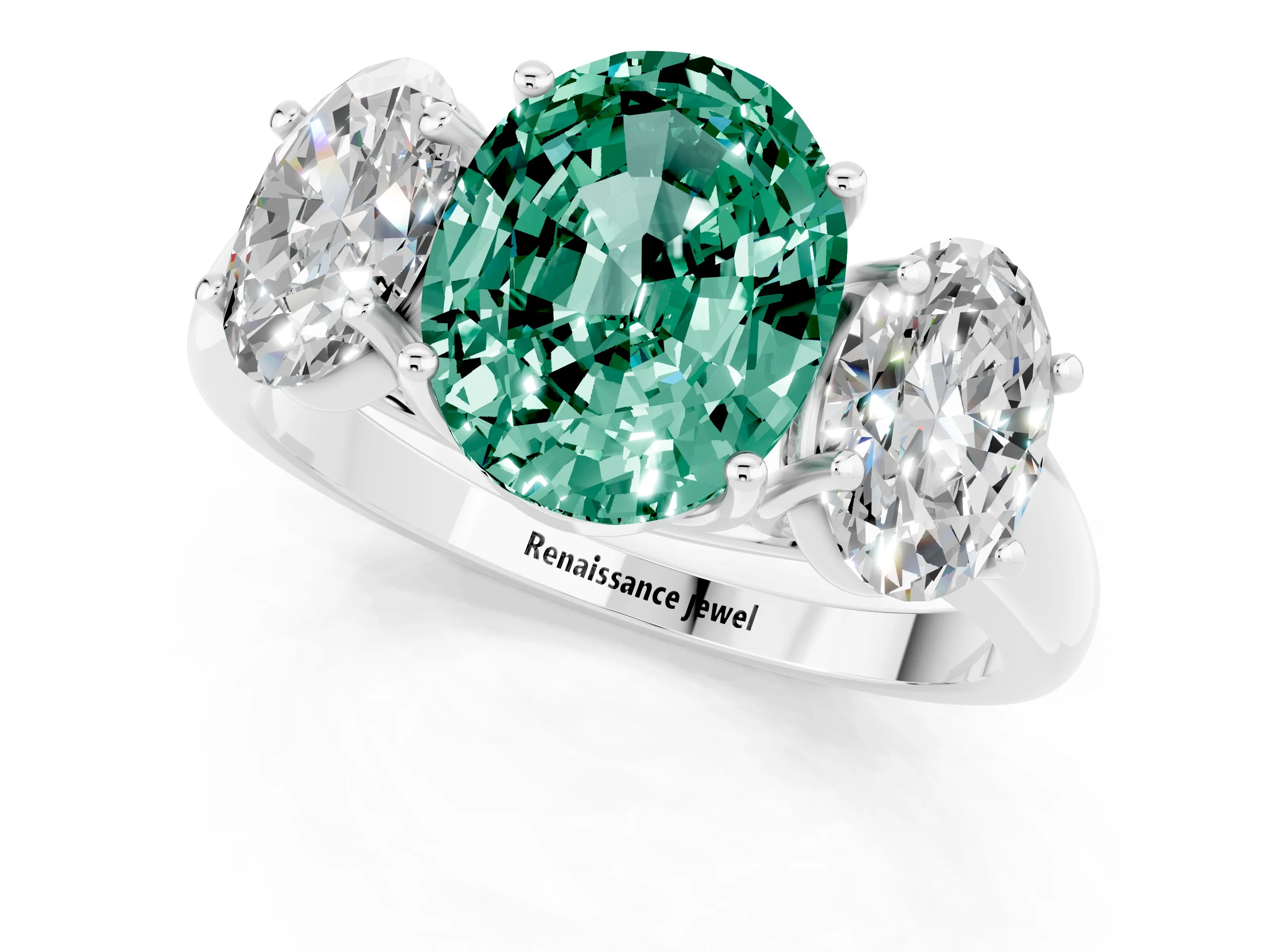 White gold Three-Stone Oval Cut Green Sapphire Engagement Ring with Prong Setting_1