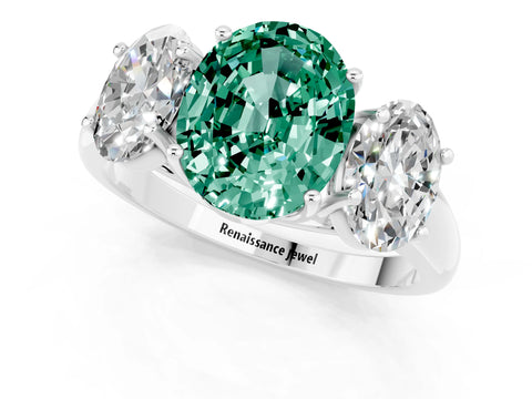 White gold Three-Stone Oval Cut Green Sapphire Engagement Ring with Prong Setting_1
