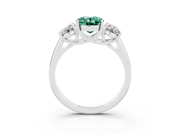 Platinum Three-Stone Oval Cut Green Sapphire Engagement Ring with Prong Setting