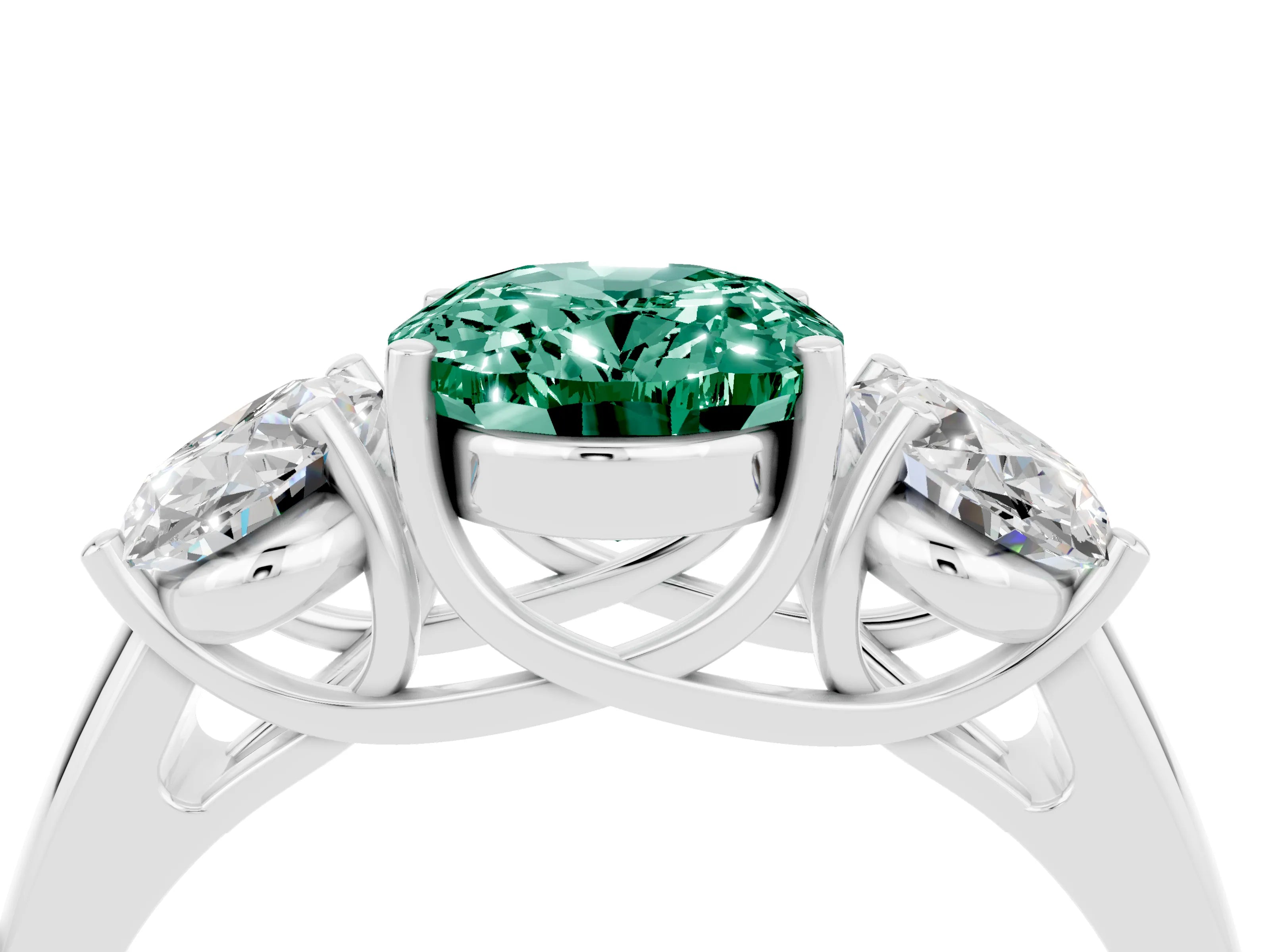 White gold Three-Stone Oval Cut Green Sapphire Engagement Ring with Prong Setting_4