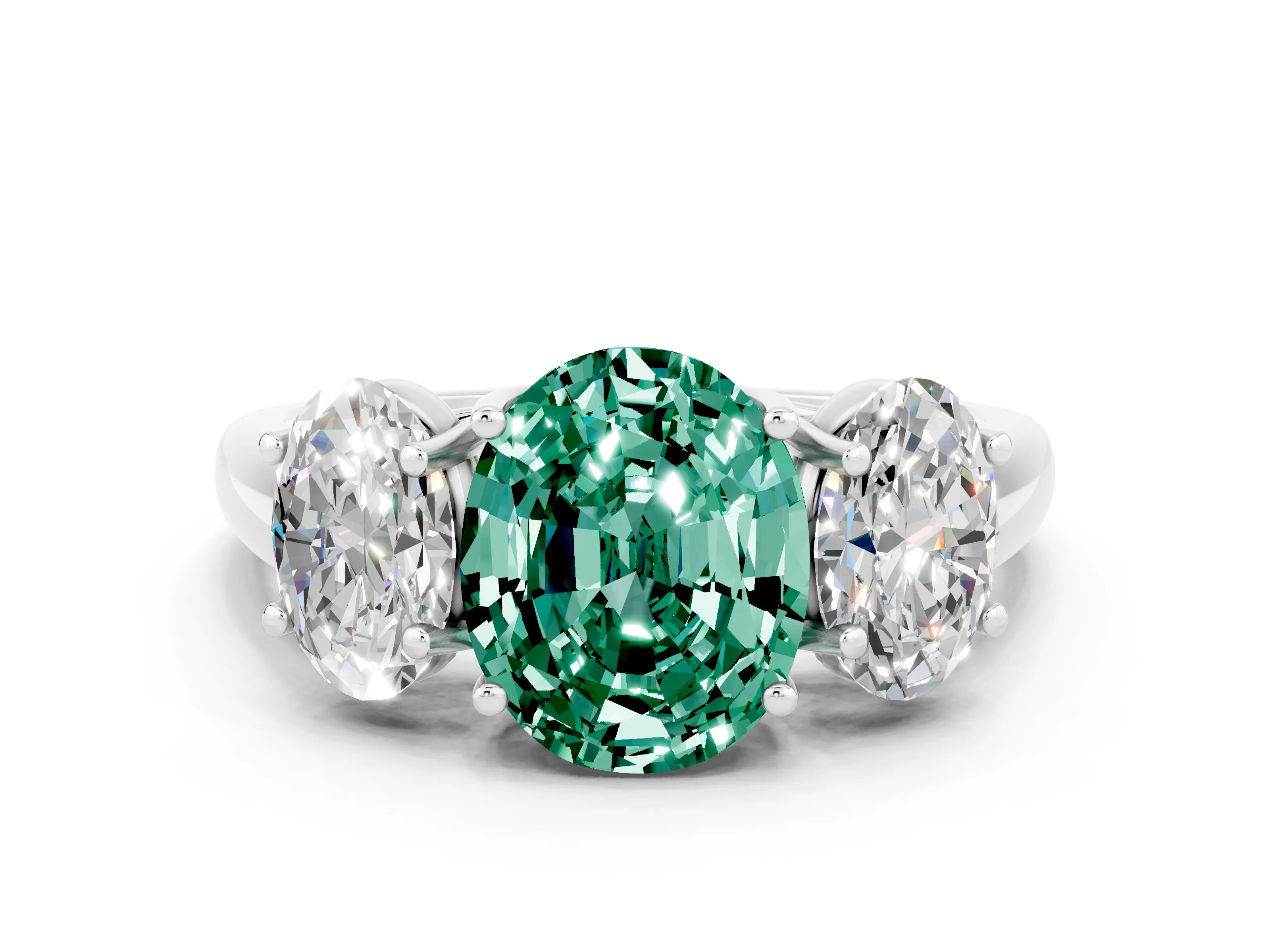 White gold Three-Stone Oval Cut Green Sapphire Engagement Ring with Prong Setting