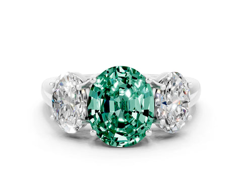 White gold Three-Stone Oval Cut Green Sapphire Engagement Ring with Prong Setting