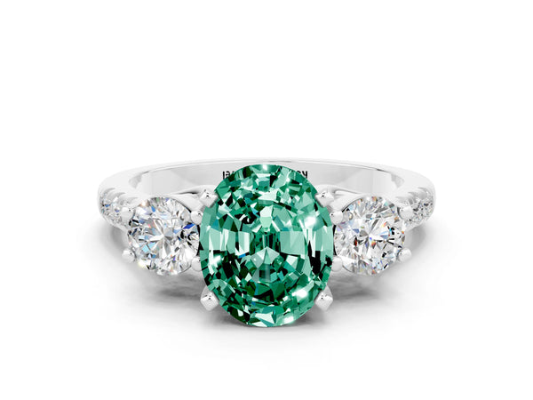 Platinum Three-Stone Oval Cut Green Sapphire Pavé Band with Four-Prong Setting