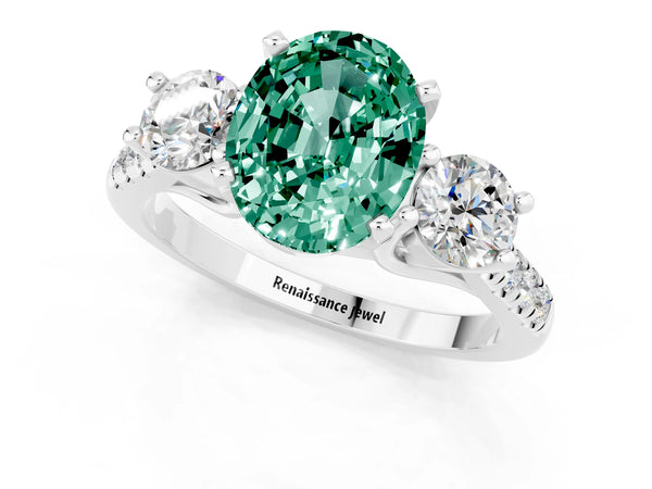 White gold Three-Stone Oval Cut Green Sapphire Pavé Band with Four-Prong Setting