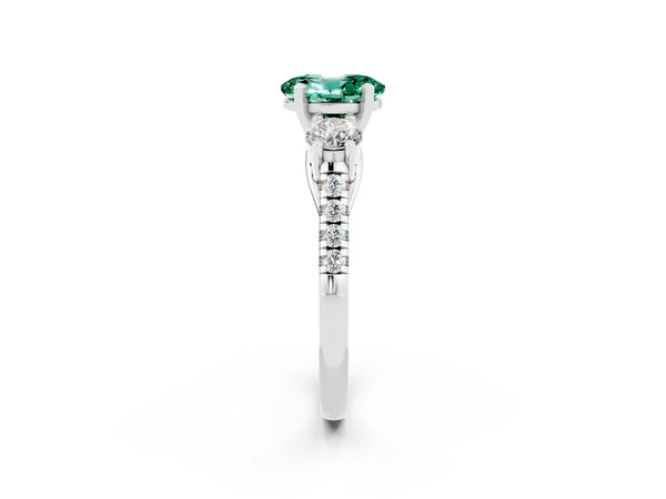Platinum Three-Stone Oval Cut Green Sapphire Pavé Band with Four-Prong Setting