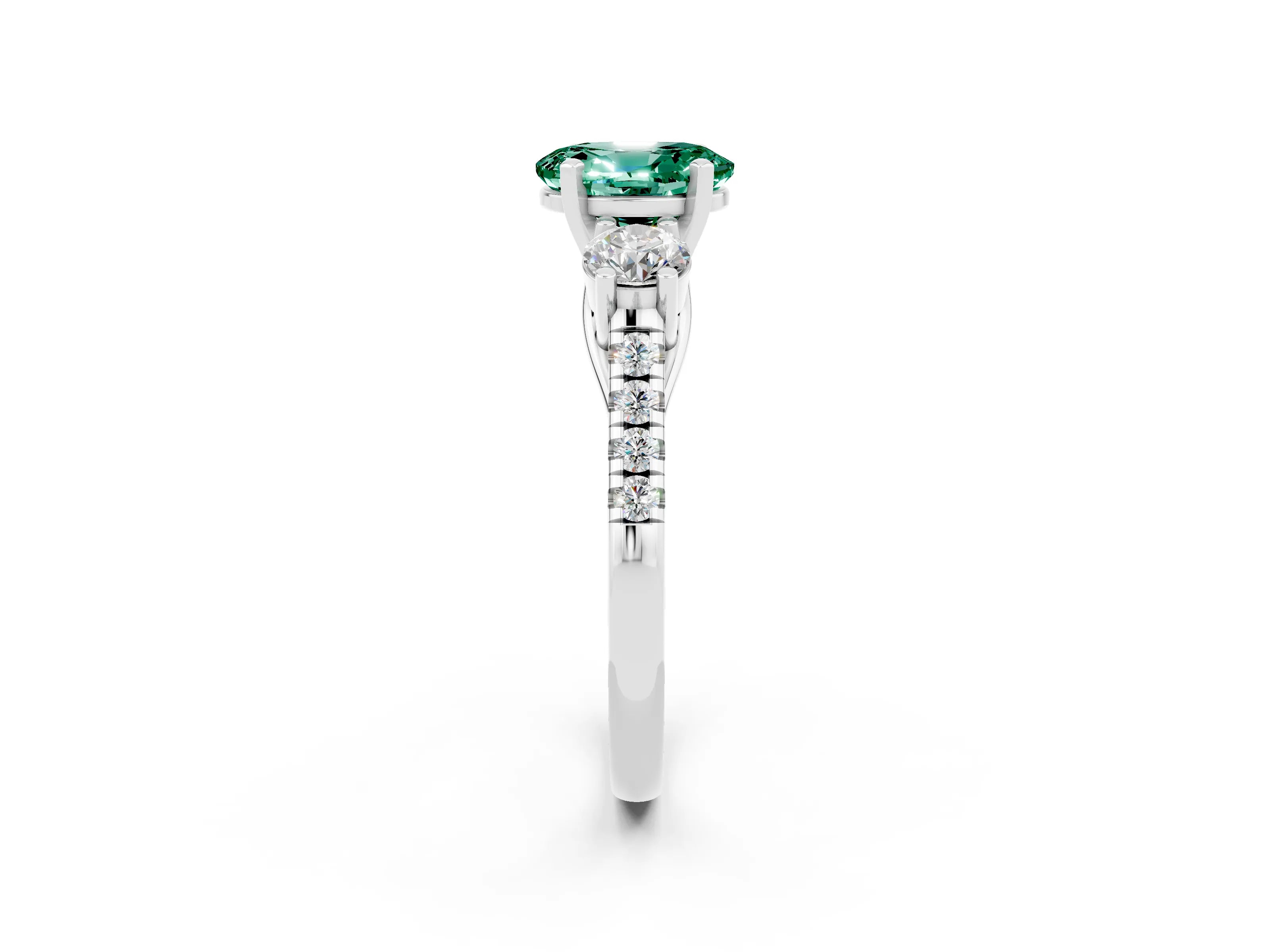 White gold Three-Stone Oval Cut Green Sapphire Pavé Band with Four-Prong Setting_2