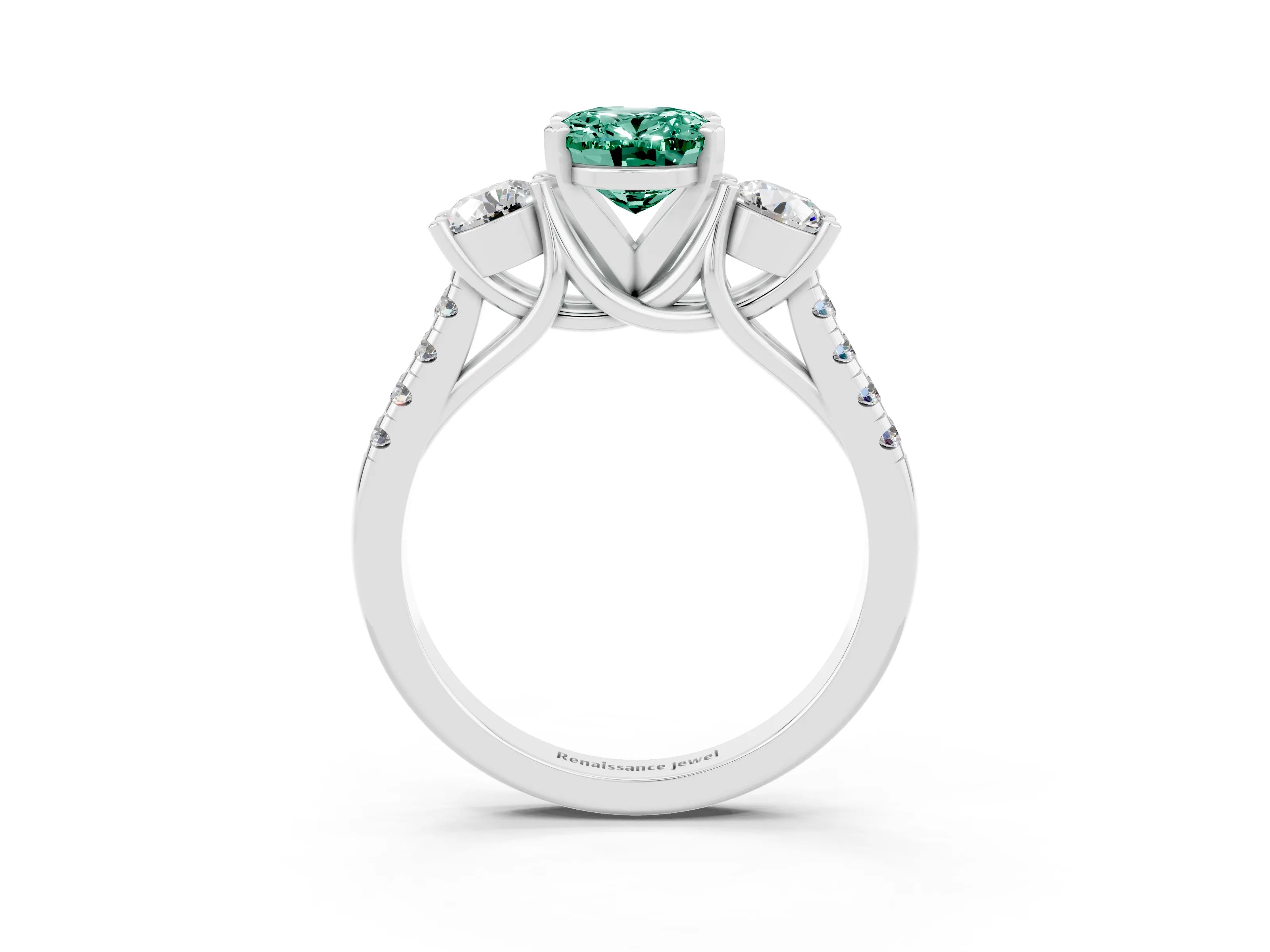 White gold Three-Stone Oval Cut Green Sapphire Pavé Band with Four-Prong Setting_3