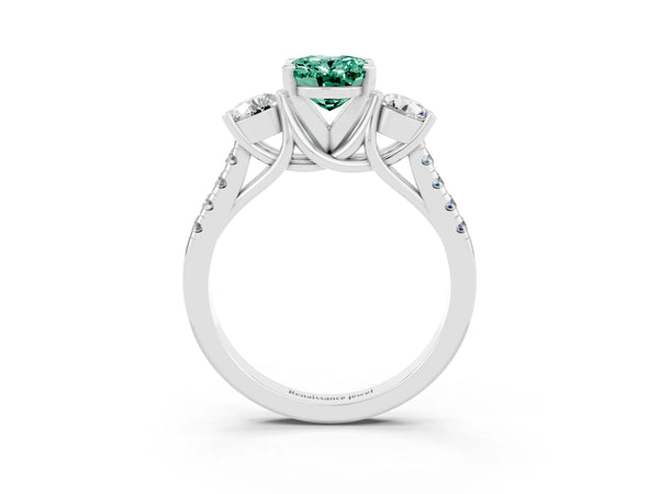 White gold Three-Stone Oval Cut Green Sapphire Pavé Band with Four-Prong Setting