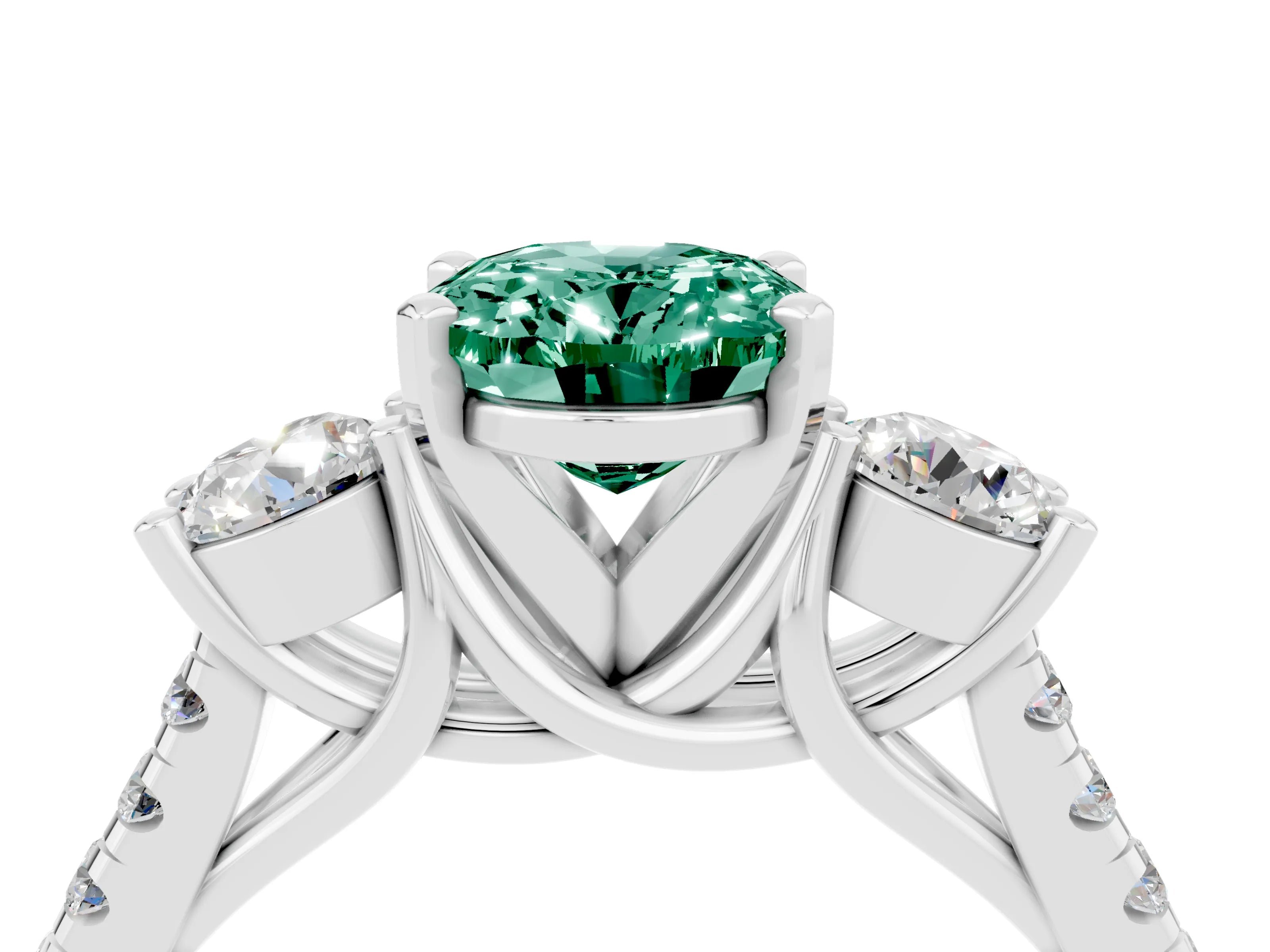 White gold Three-Stone Oval Cut Green Sapphire Pavé Band with Four-Prong Setting_4
