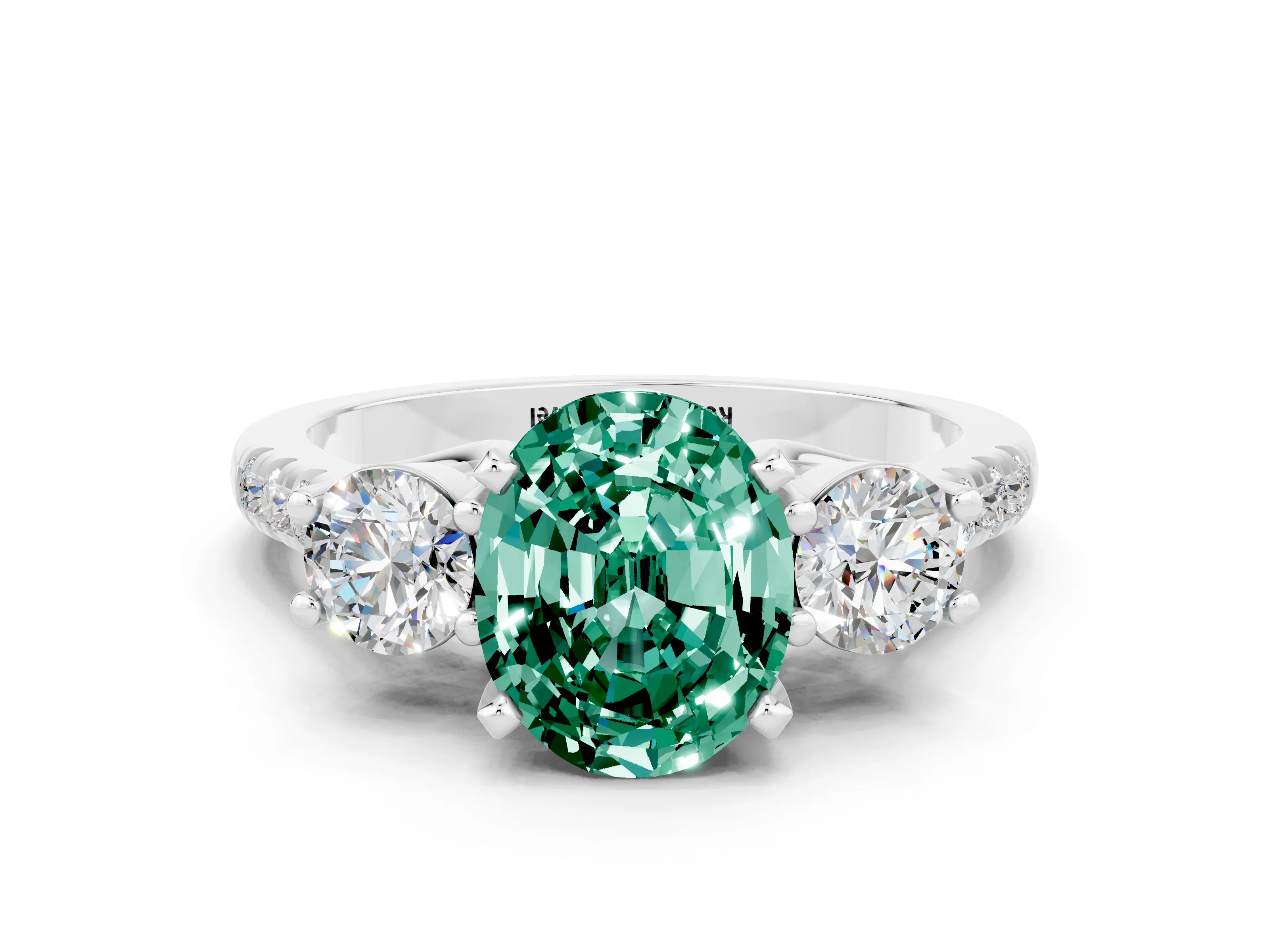 White gold Three-Stone Oval Cut Green Sapphire Pavé Band with Four-Prong Setting