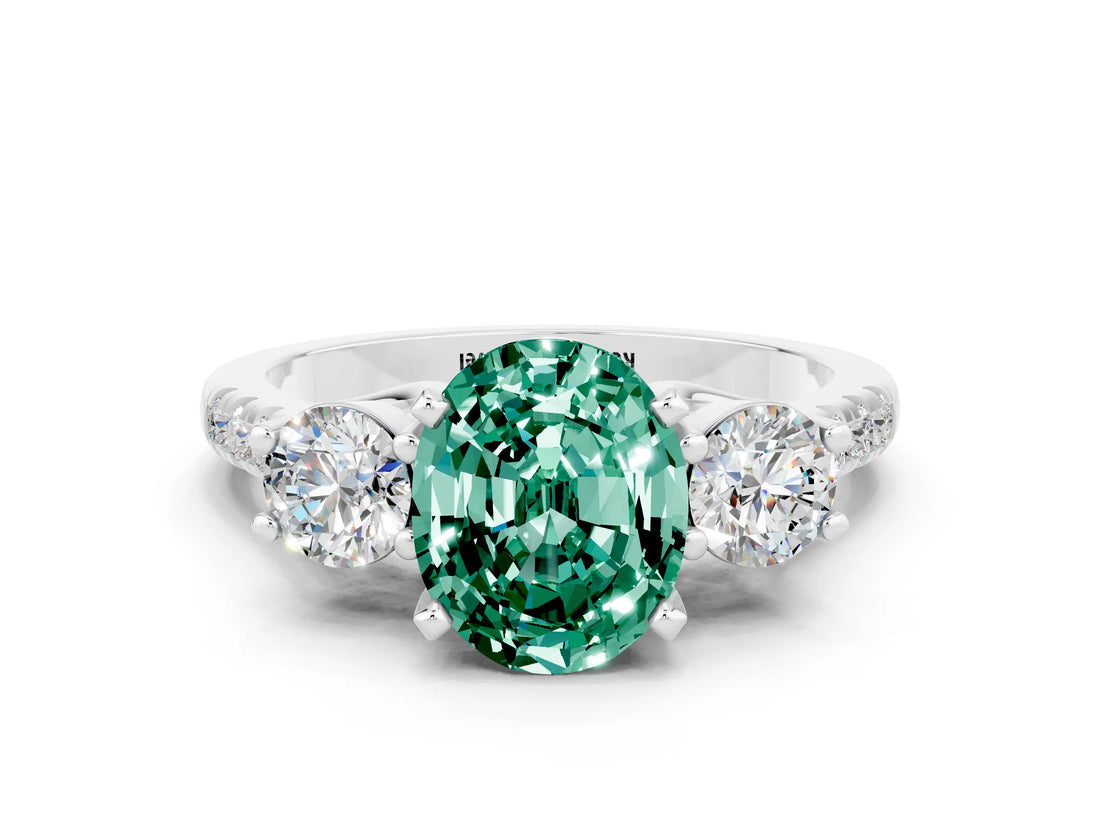 White gold Three-Stone Oval Cut Green Sapphire Pavé Band with Four-Prong Setting
