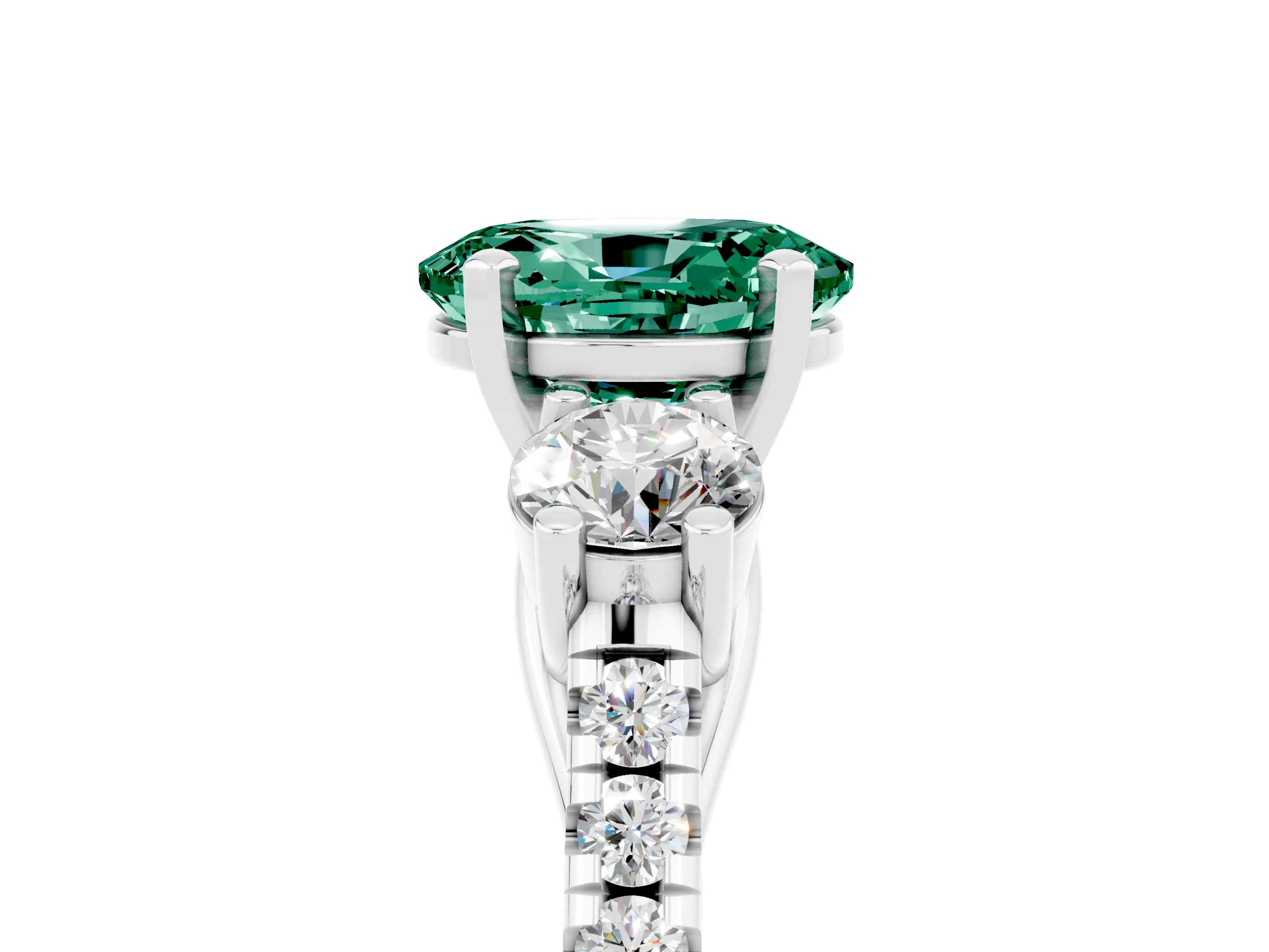 White gold Three-Stone Oval Cut Green Sapphire Pavé Band with Four-Prong Setting_5