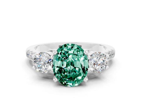 White gold Three-Stone Oval Cut Green Sapphire Pavé Band with Four-Prong Setting
